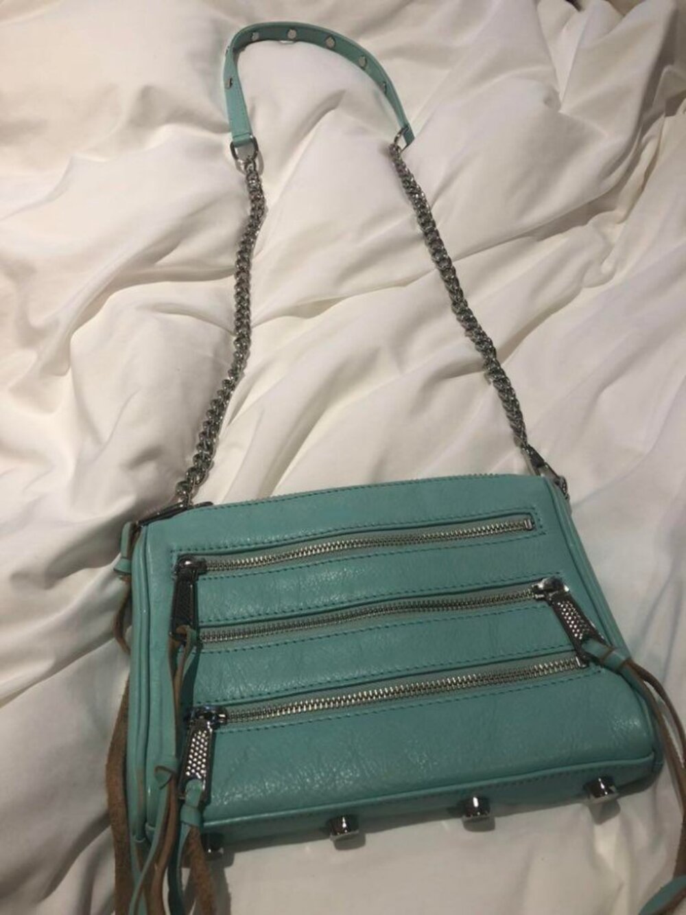 Rebecca Minkoff 5-Zip Mint Crossbody Bag Teal Silver Hardware Chain Strap